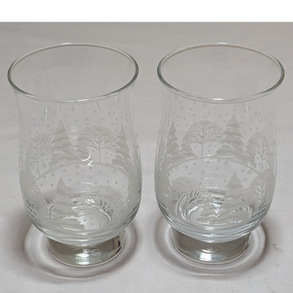 Set of 2 Frosted Winter Forest Glass Hurricane Candle Holders Snow Scene Vases